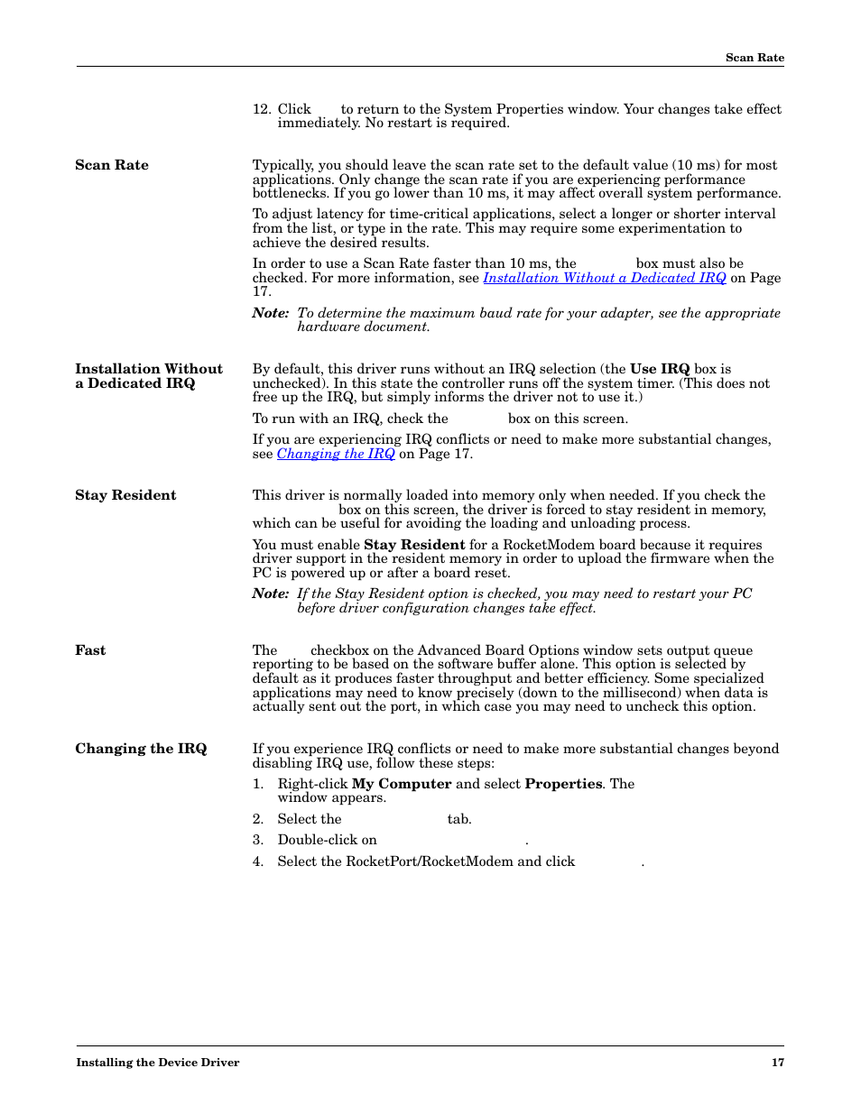 Scan rate, Installation without a dedicated irq, Stay resident | Fast, Changing the irq | Comtrol Multiport Modems  Windows 98 User Manual | Page 17 / 55