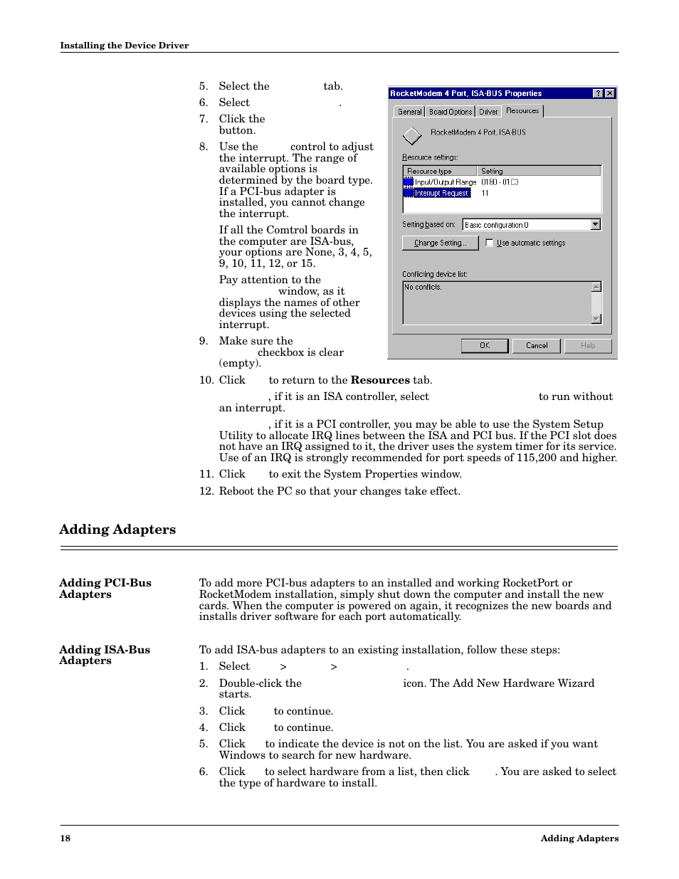 Adding adapters, Adding pci-bus adapters, Adding isa-bus adapters | Adding pci-bus adapters adding isa-bus adapters | Comtrol Multiport Modems  Windows 98 User Manual | Page 18 / 55