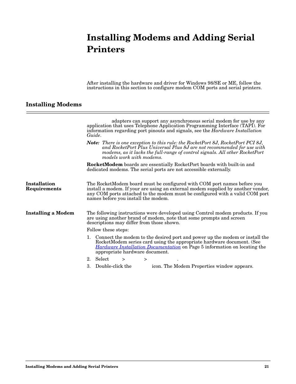 Installing modems and adding serial printers, Installing modems, Installation requirements | Installing a modem, Installation requirements installing a modem, Go to | Comtrol Multiport Modems  Windows 98 User Manual | Page 21 / 55