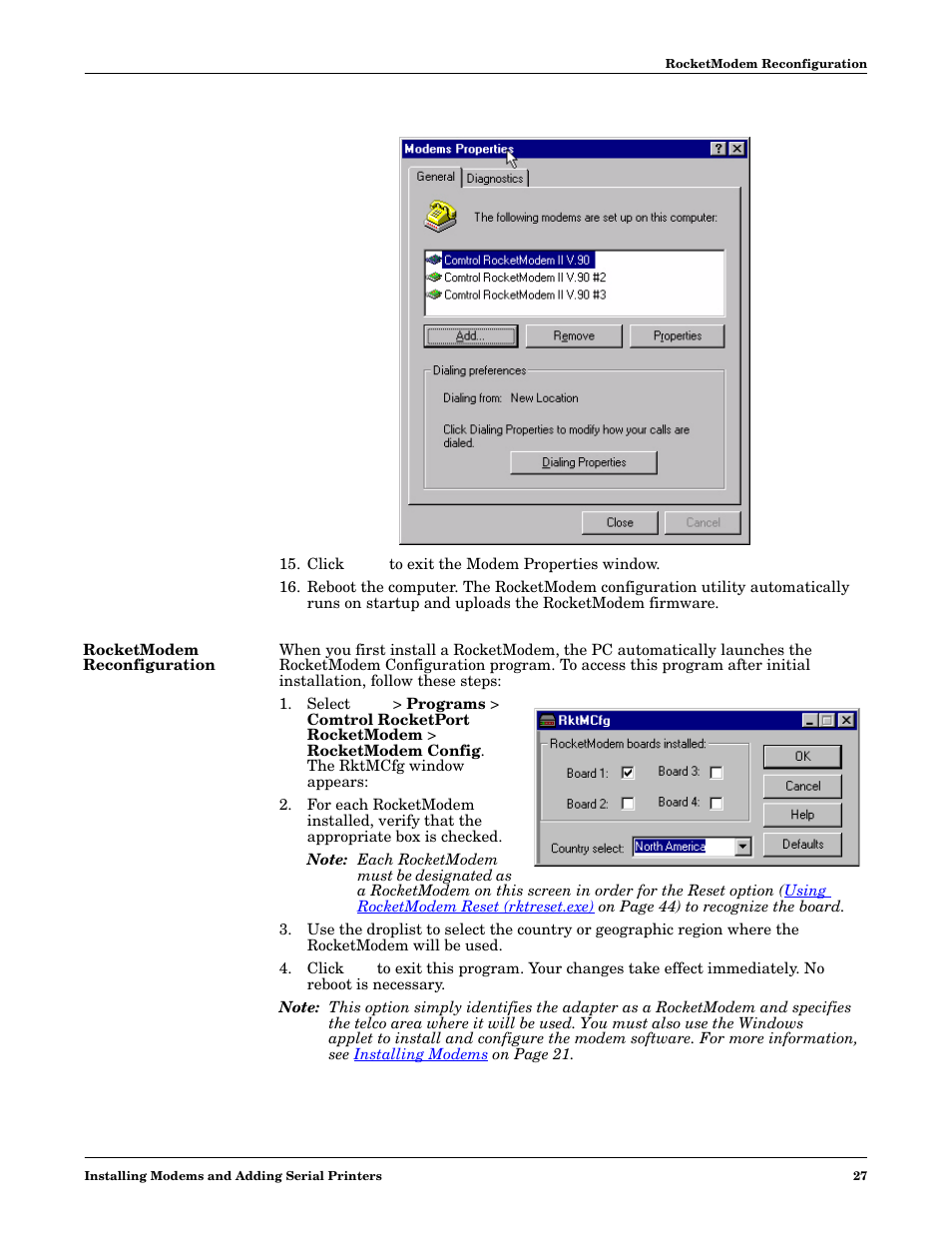 Rocketmodem reconfiguration | Comtrol Multiport Modems  Windows 98 User Manual | Page 27 / 55