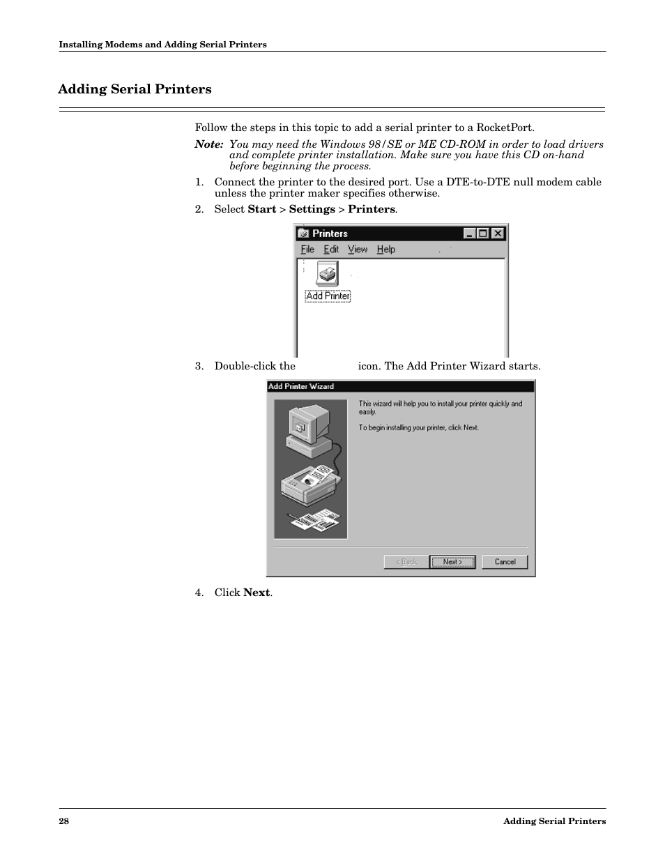 Adding serial printers | Comtrol Multiport Modems  Windows 98 User Manual | Page 28 / 55