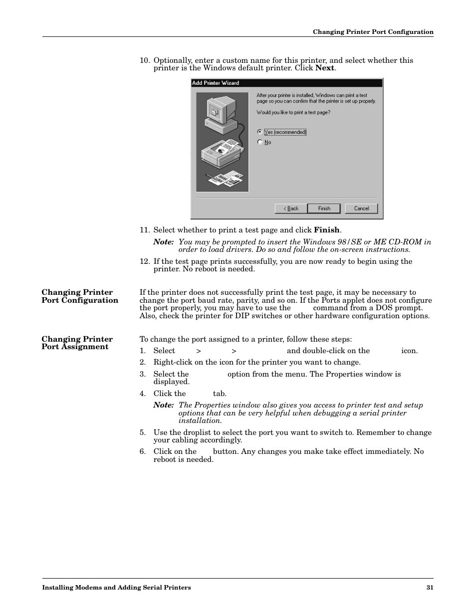 Changing printer port configuration, Changing printer port assignment | Comtrol Multiport Modems  Windows 98 User Manual | Page 31 / 55