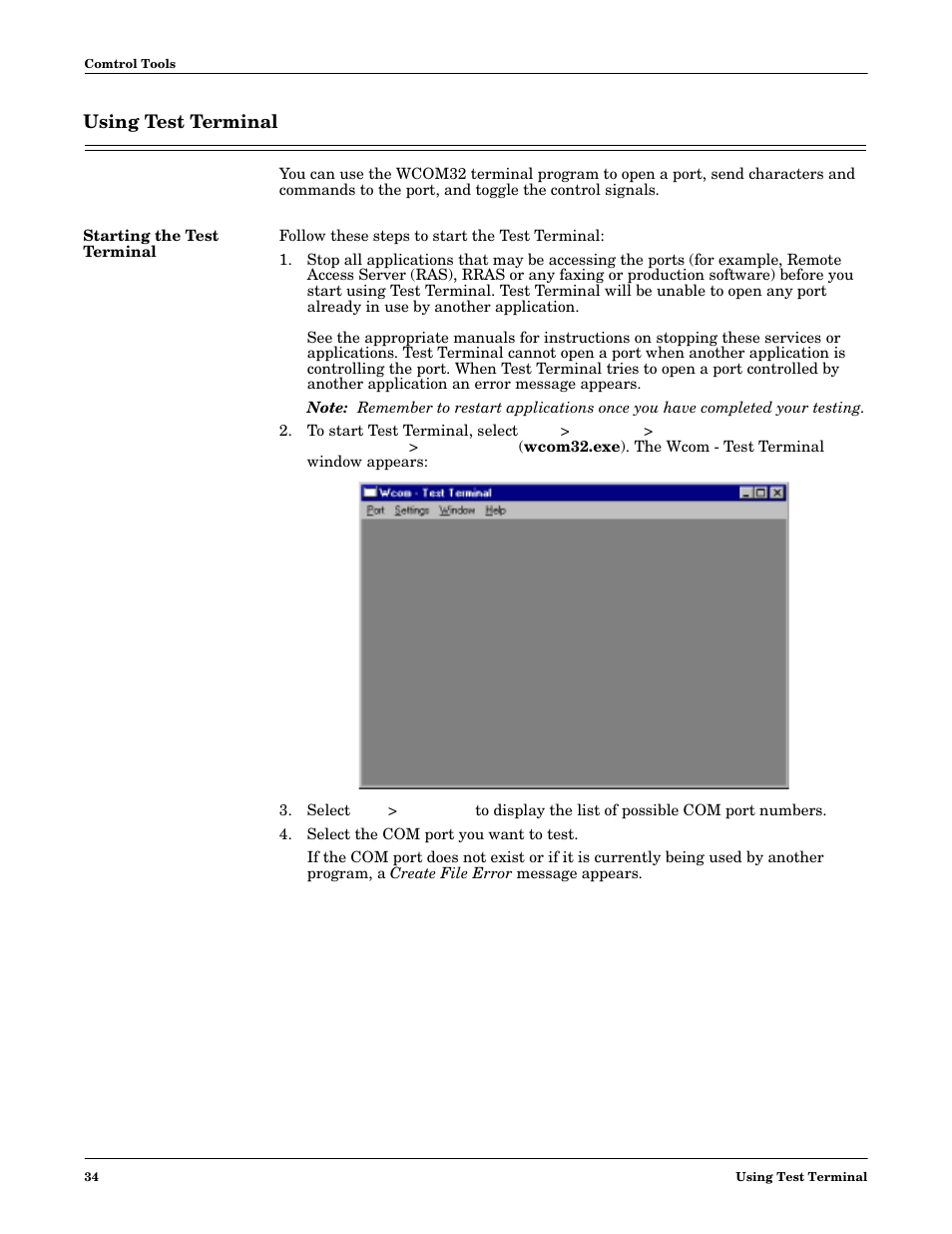 Using test terminal, Starting the test terminal, Test terminal | Comtrol Multiport Modems  Windows 98 User Manual | Page 34 / 55