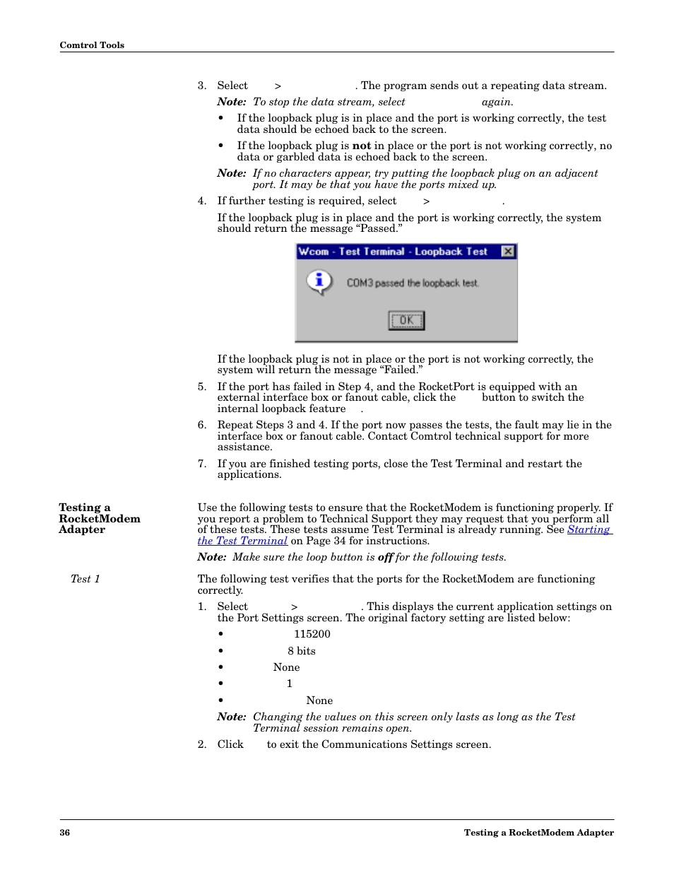Testing a rocketmodem adapter, Test 1 | Comtrol Multiport Modems  Windows 98 User Manual | Page 36 / 55