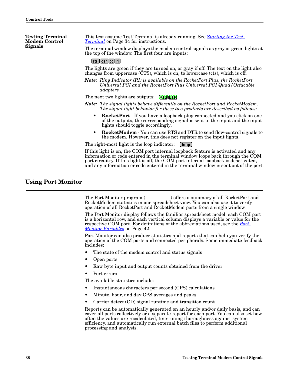 Testing terminal modem control signals, Using port monitor, Port monitor | Comtrol Multiport Modems  Windows 98 User Manual | Page 38 / 55