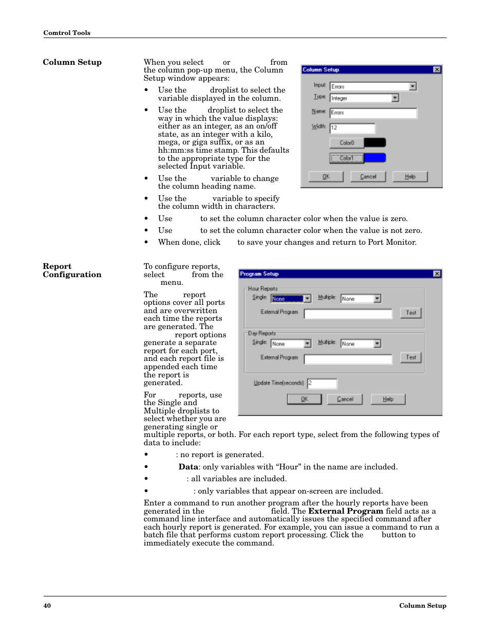 Column setup, Report configuration, Column setup report configuration | Comtrol Multiport Modems  Windows 98 User Manual | Page 40 / 55