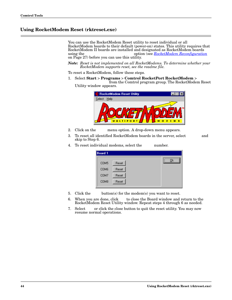 Using rocketmodem reset (rktreset.exe), Using, Rocketmodem reset (rktreset.exe) | Rocketmodem reset | Comtrol Multiport Modems  Windows 98 User Manual | Page 44 / 55