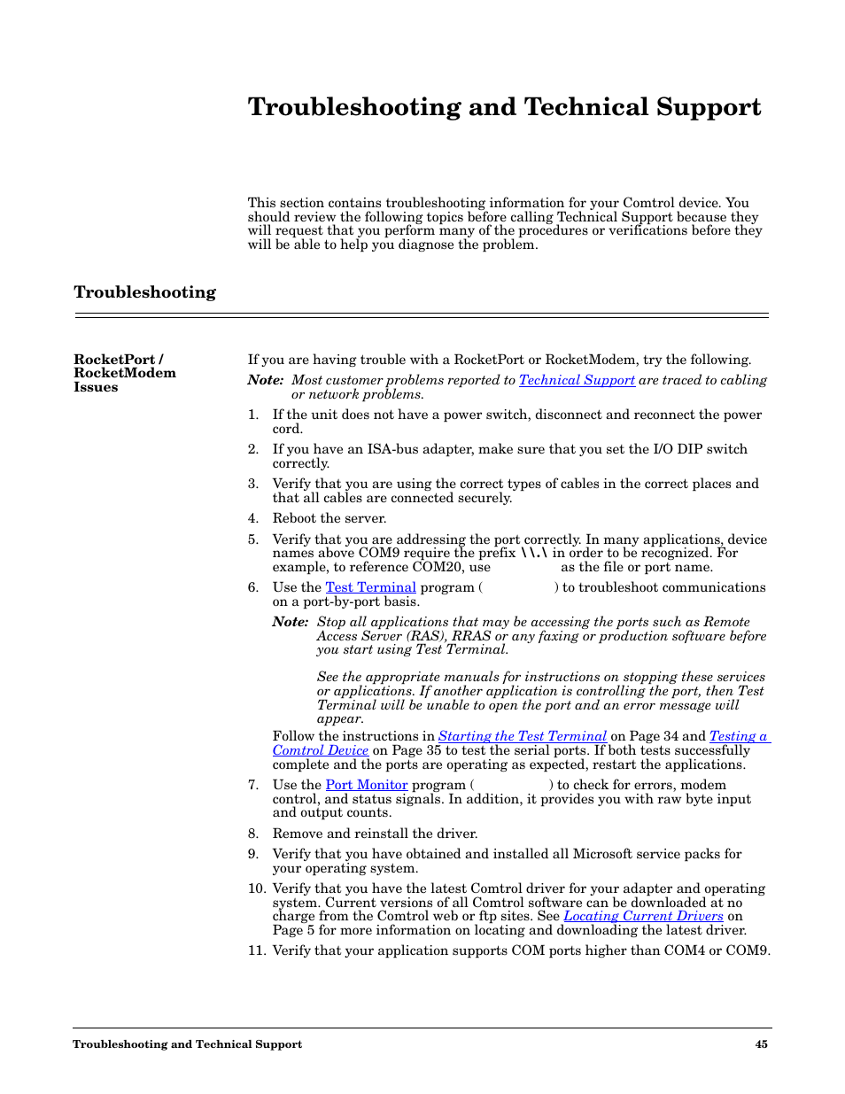 Troubleshooting and technical support, Troubleshooting, Rocketport / rocketmodem issues | Comtrol Multiport Modems  Windows 98 User Manual | Page 45 / 55