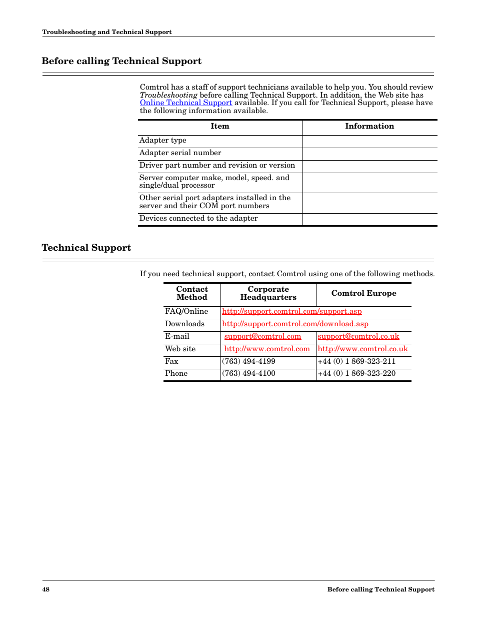 Before calling technical support, Technical support, Before calling technical support technical support | Lem, see, Technical, Support | Comtrol Multiport Modems  Windows 98 User Manual | Page 48 / 55