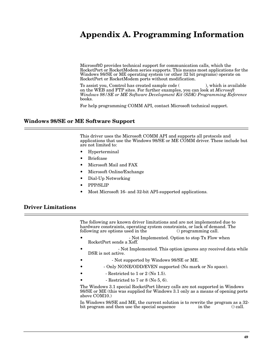 Appendix a. programming information, Windows 98/se or me software support, Driver limitations | Comtrol Multiport Modems  Windows 98 User Manual | Page 49 / 55