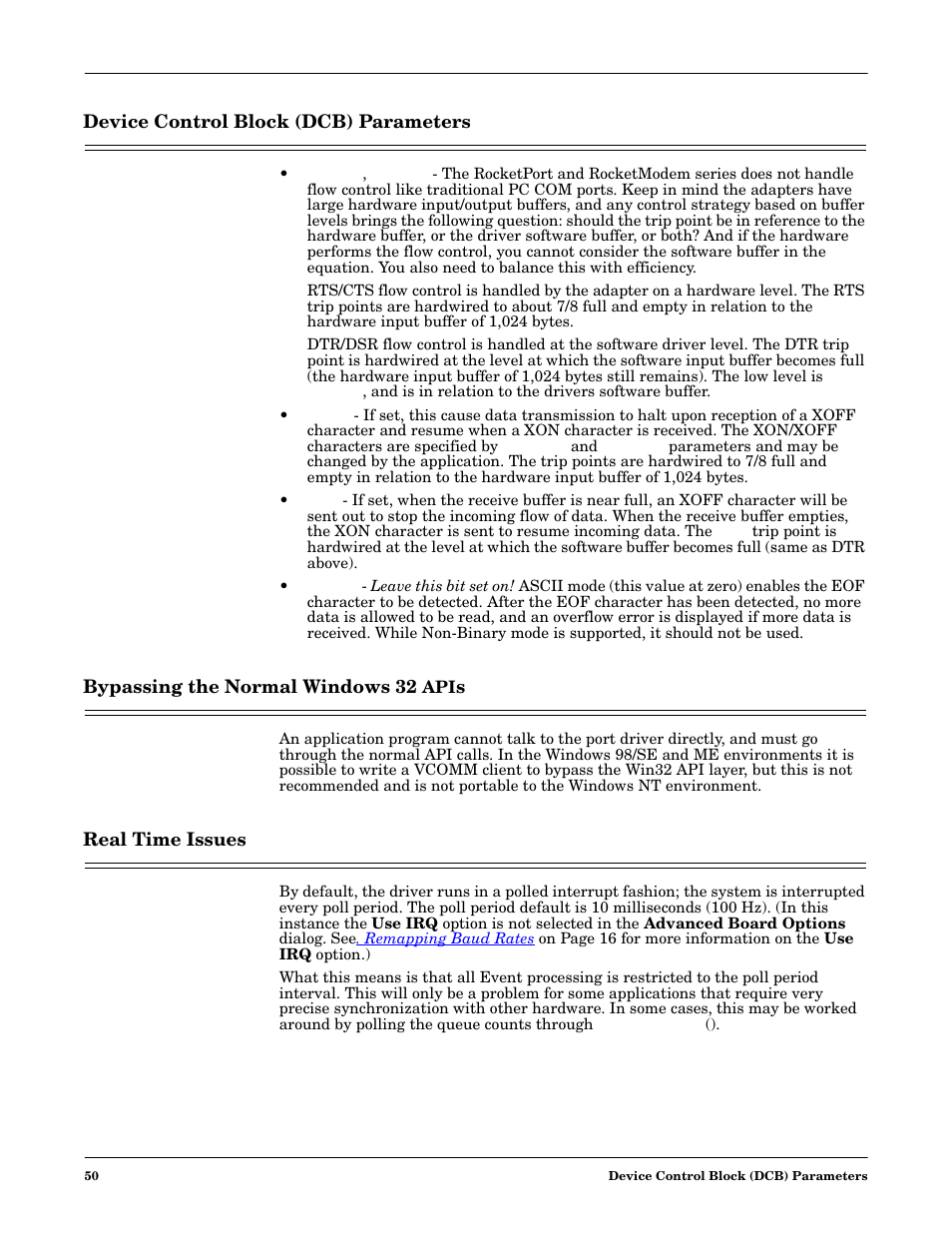 Device control block (dcb) parameters, Bypassing the normal windows 32 apis, Real time issues | Comtrol Multiport Modems  Windows 98 User Manual | Page 50 / 55
