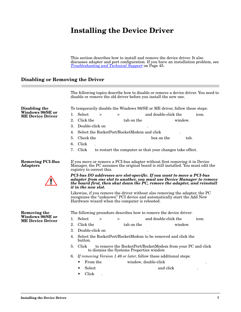 Installing the device driver, Disabling or removing the driver, Disabling the windows 98/se or me device driver | Removing pci-bus adapters, Removing the windows 98/se or me device driver | Comtrol Multiport Modems  Windows 98 User Manual | Page 7 / 55