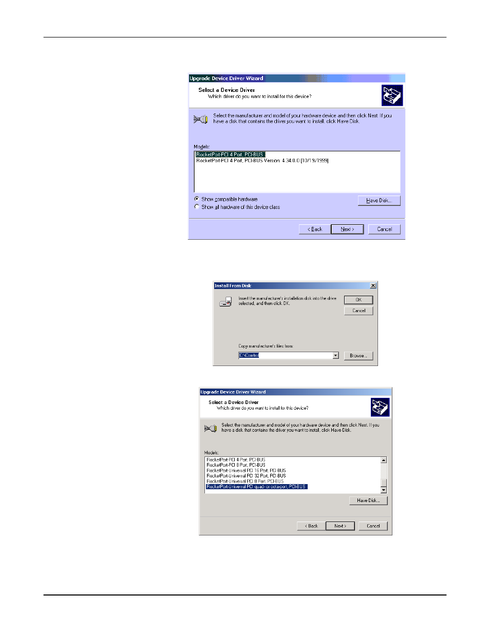 Select the have disk button, Select the ok button, Highlight the device and select the next button | Comtrol Multiport Modems Windows 2000 User Manual | Page 15 / 39