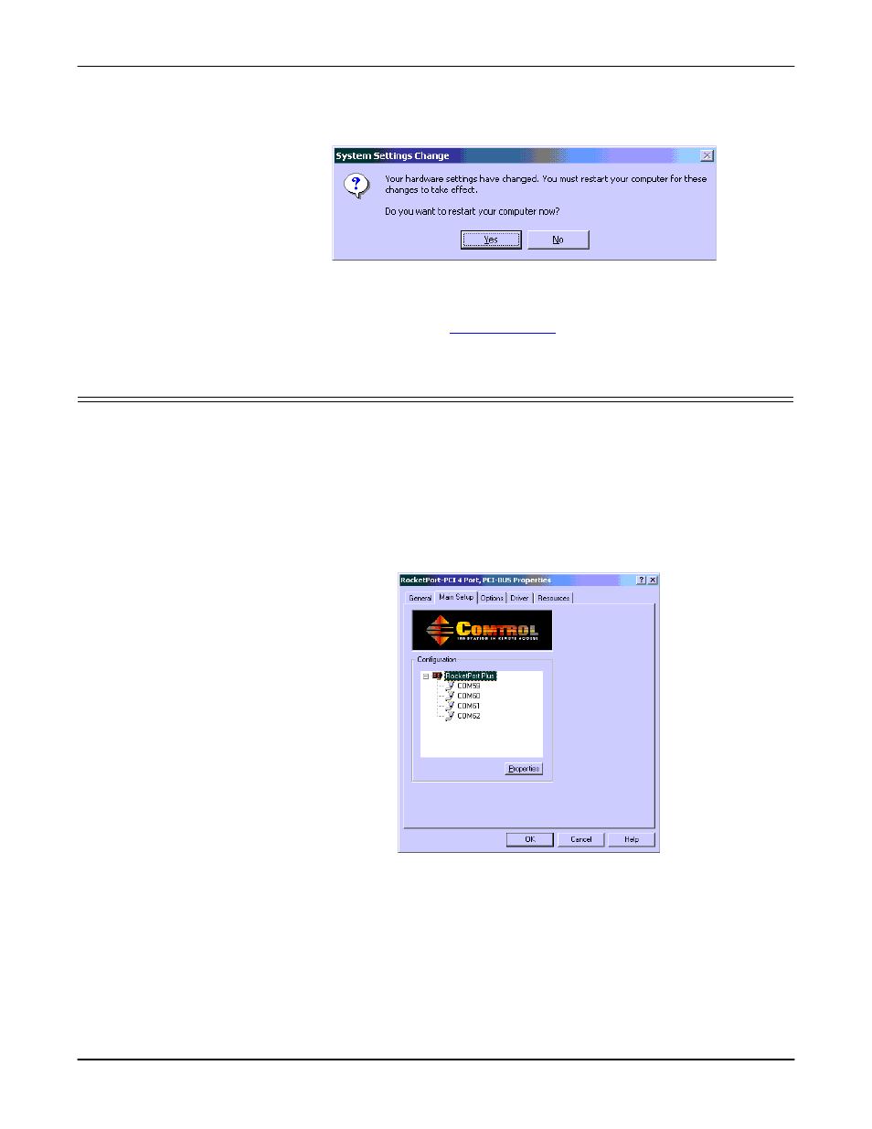 Select yes to restart your system, Accessing the main setup tab, Select the device manager entry | Select the main setup tab | Comtrol Multiport Modems Windows 2000 User Manual | Page 17 / 39