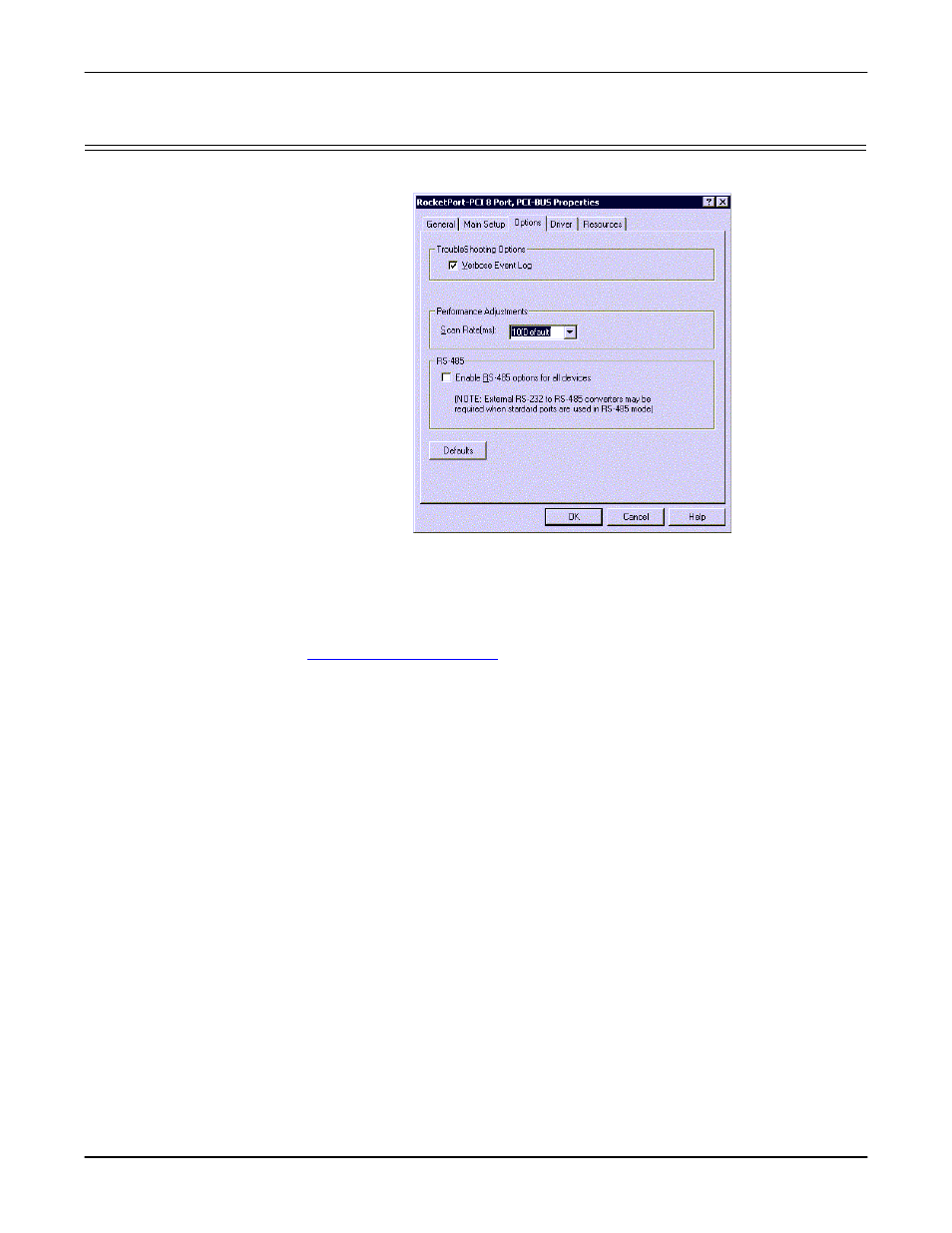Configuring device properties, Access the main setup tab, Select the options tab | Enable the features you want to use | Comtrol Multiport Modems Windows 2000 User Manual | Page 19 / 39