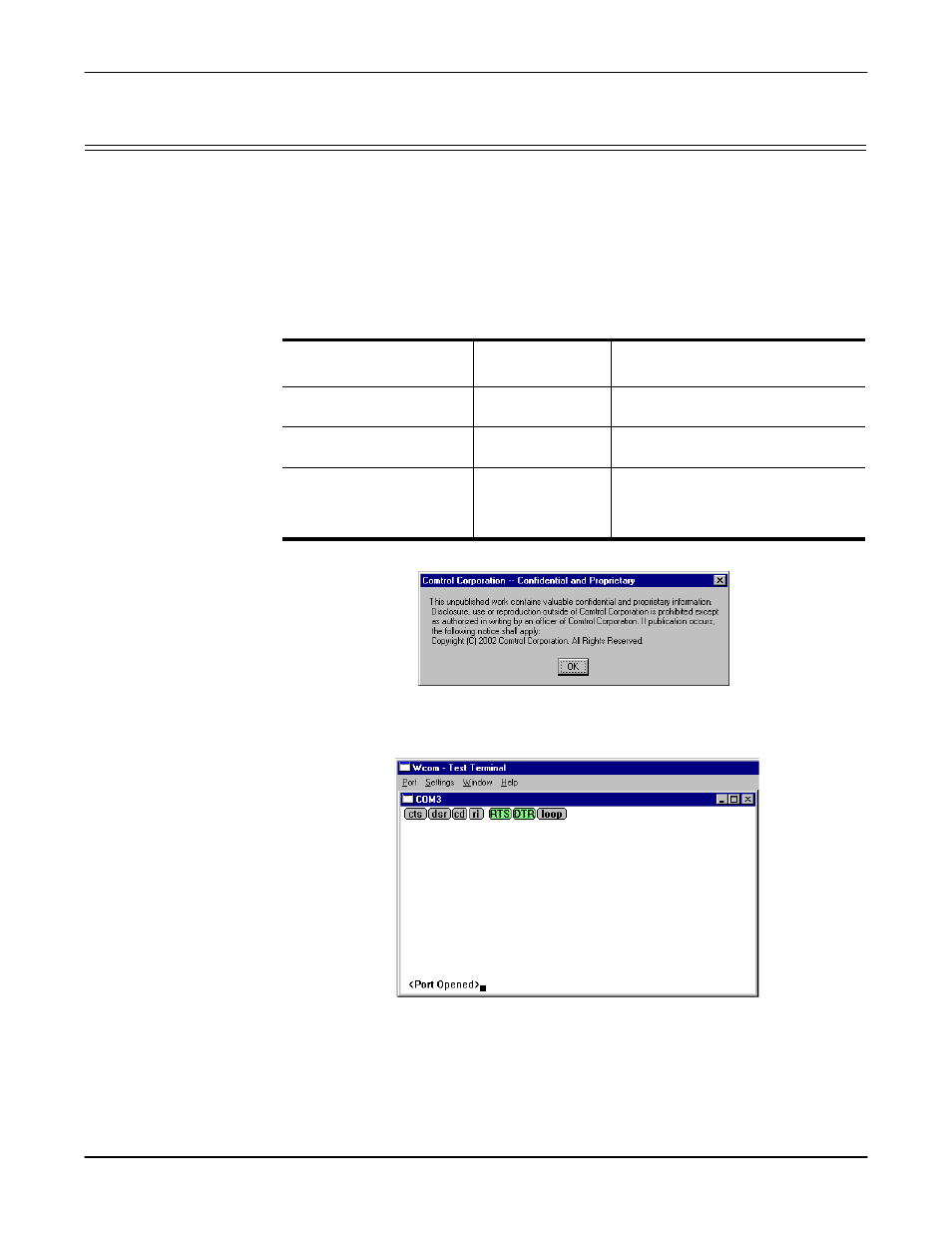 Using test terminal, Select the ok button if this screen appears, Select the com port you want to test | Comtrol Multiport Modems Windows 2000 User Manual | Page 27 / 39