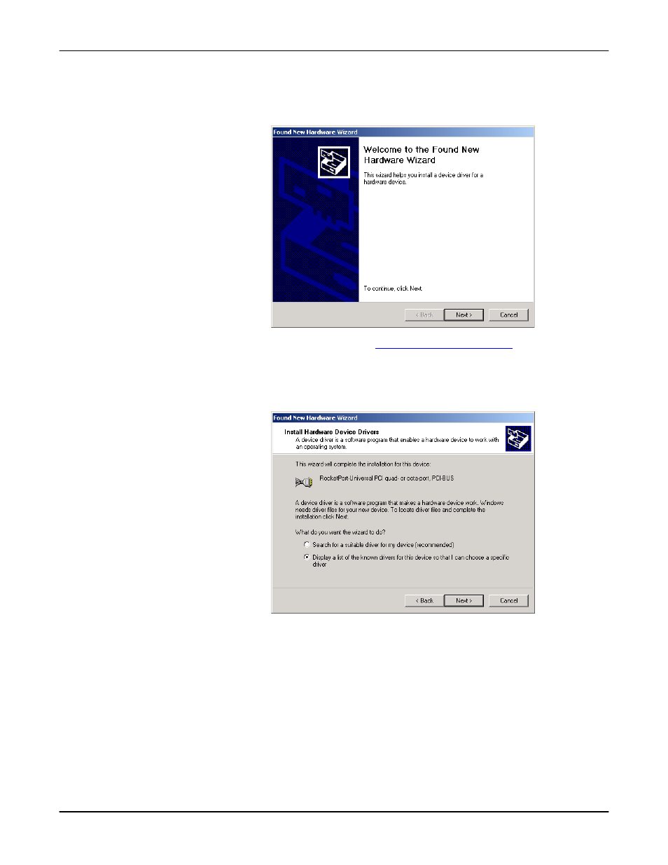 The found new hardware wizard starts, Select the next button | Comtrol Multiport Modems Windows 2000 User Manual | Page 8 / 39
