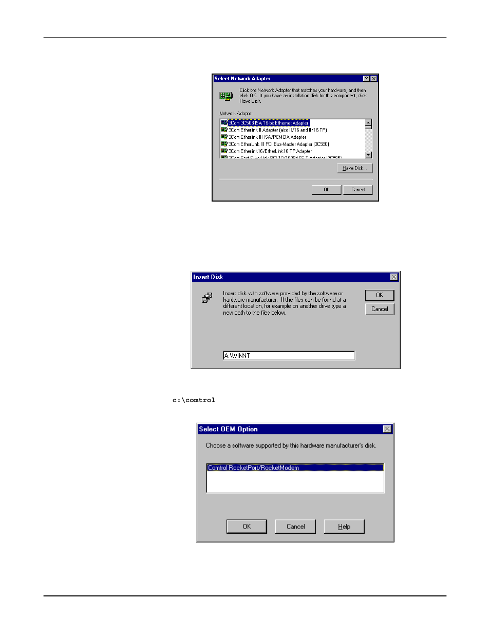 Select the have disk button | Comtrol Multiport Modems Windows NT User Manual | Page 10 / 49