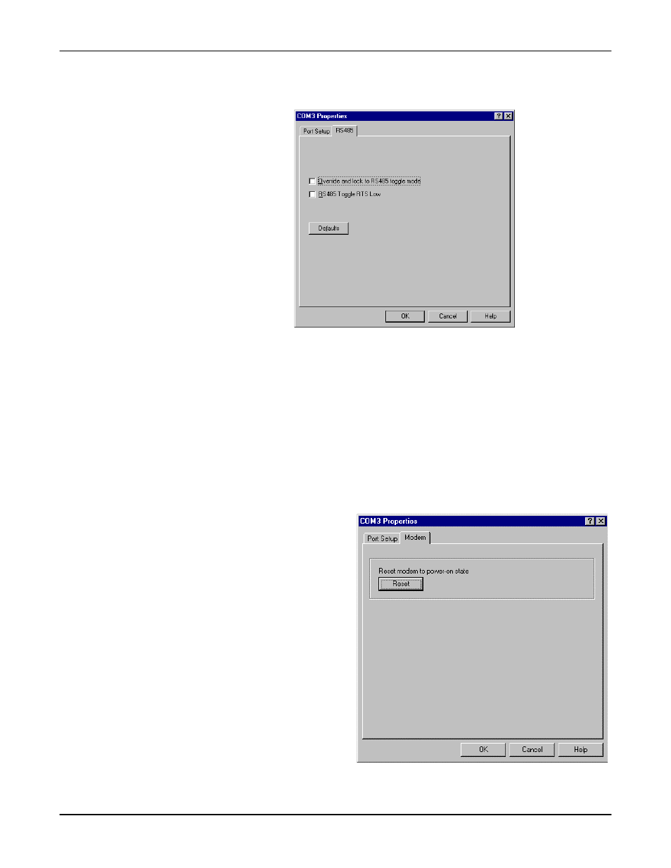 Rs-485 tab, Modem tab | Comtrol Multiport Modems Windows NT User Manual | Page 21 / 49