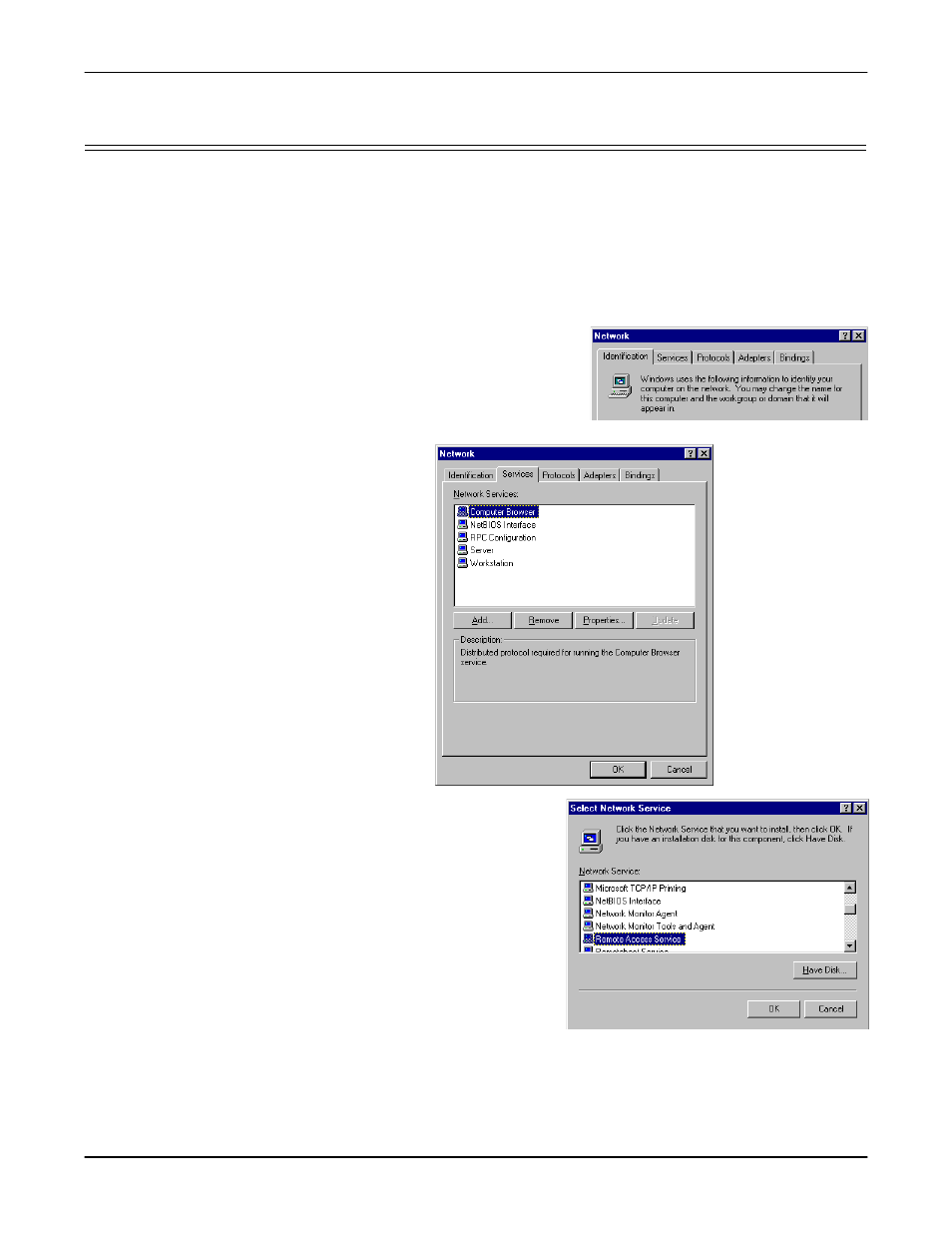 Installing and configuring ras, Installing ras initially, Select the services tab, and select the add button | Comtrol Multiport Modems Windows NT User Manual | Page 26 / 49