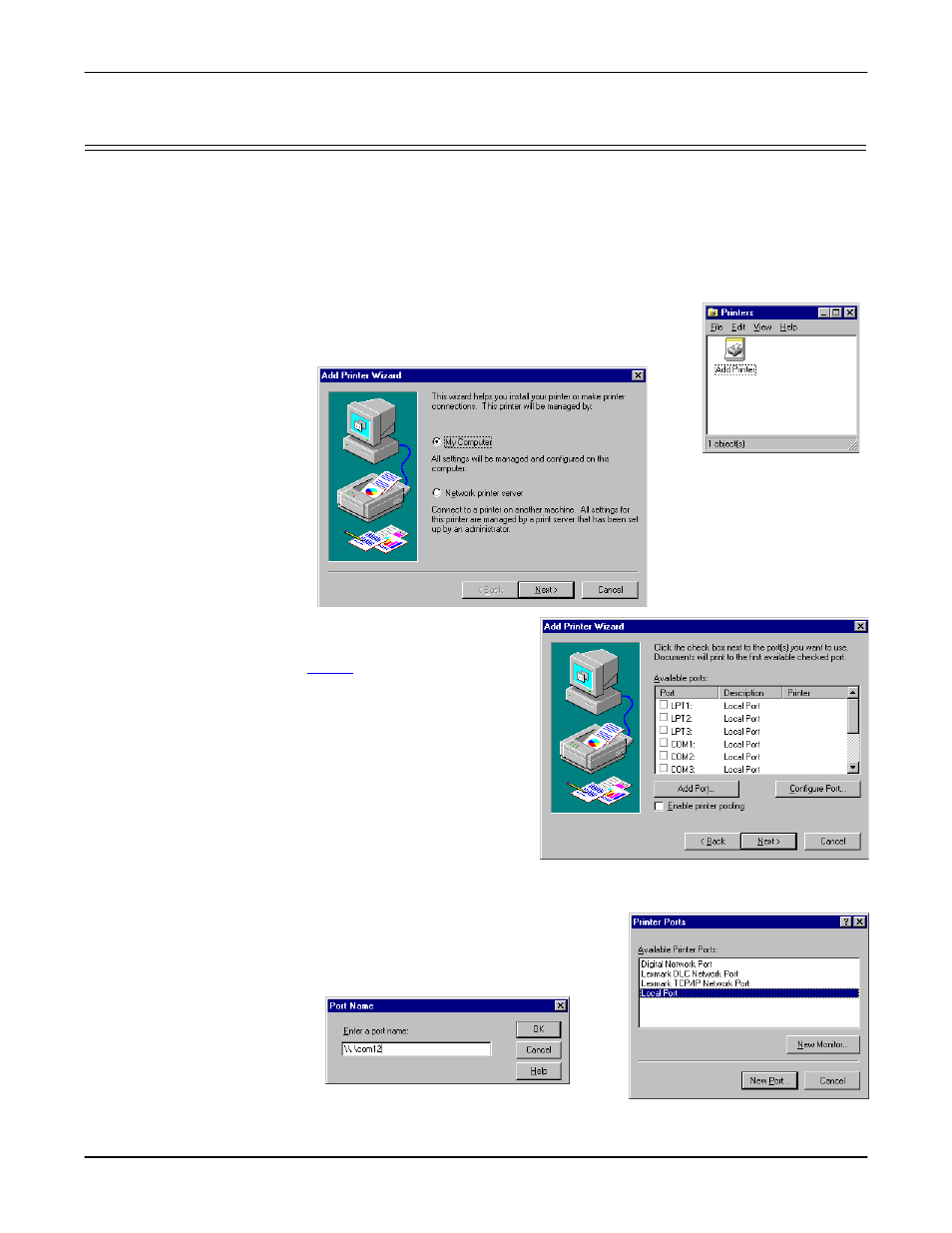 Configuring printers, Adding serial printers, B. select the new port button | C. type in the name of the port | Comtrol Multiport Modems Windows NT User Manual | Page 31 / 49