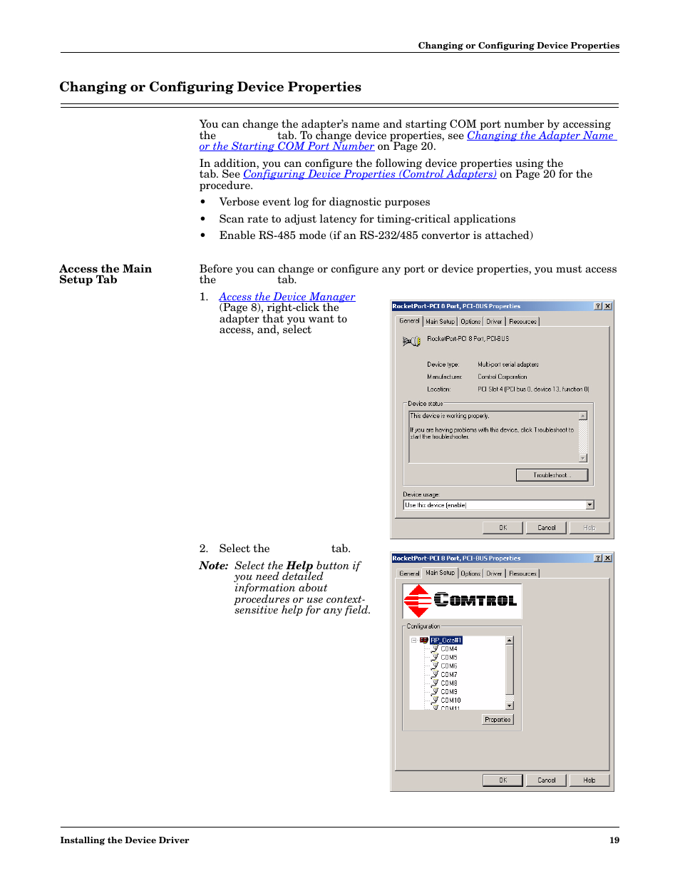 Changing or configuring device properties, Access the main setup tab | Comtrol Multiport Modems Windows XP User Manual | Page 19 / 48