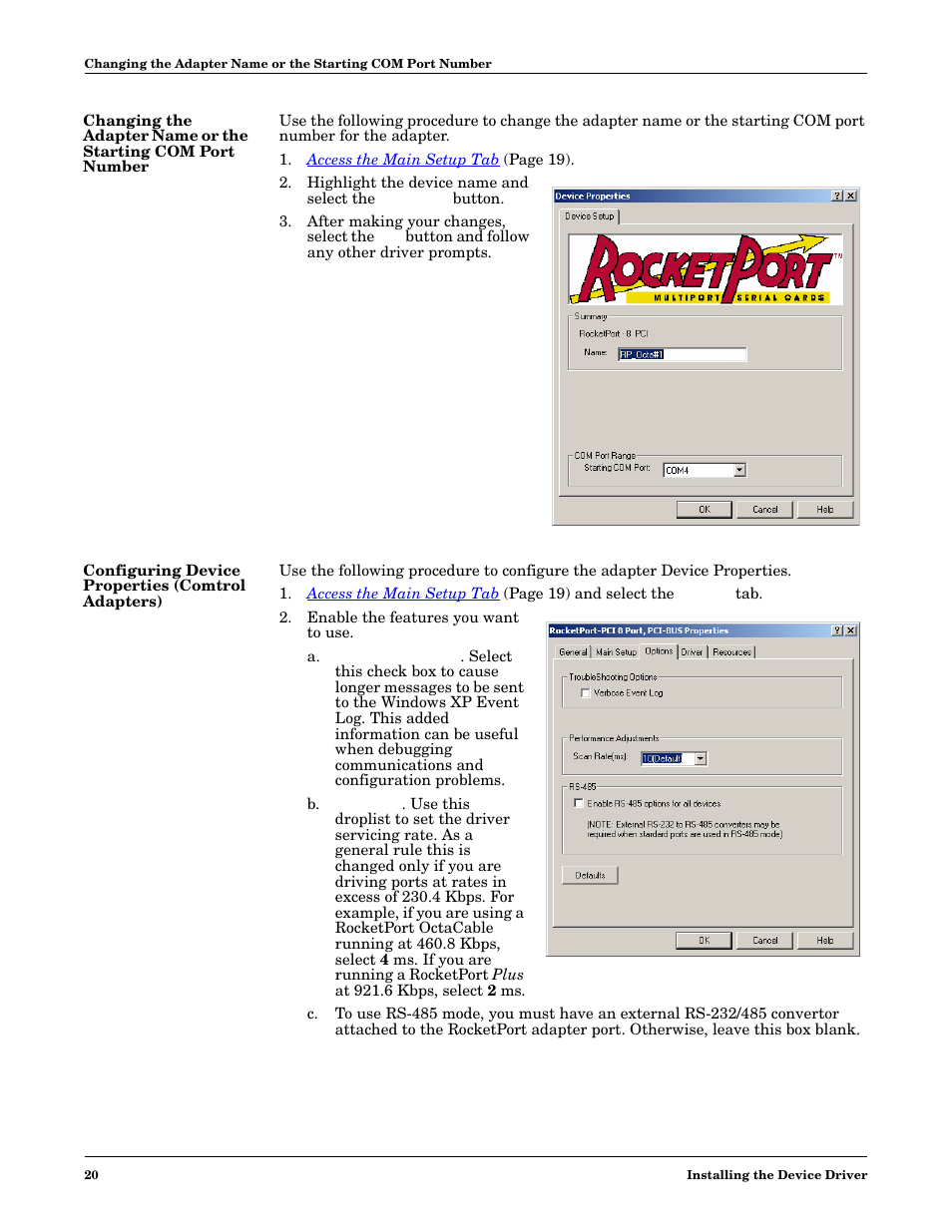 Configuring device properties (comtrol adapters), Changing the adapter name, Or the starting com port number | Comtrol Multiport Modems Windows XP User Manual | Page 20 / 48