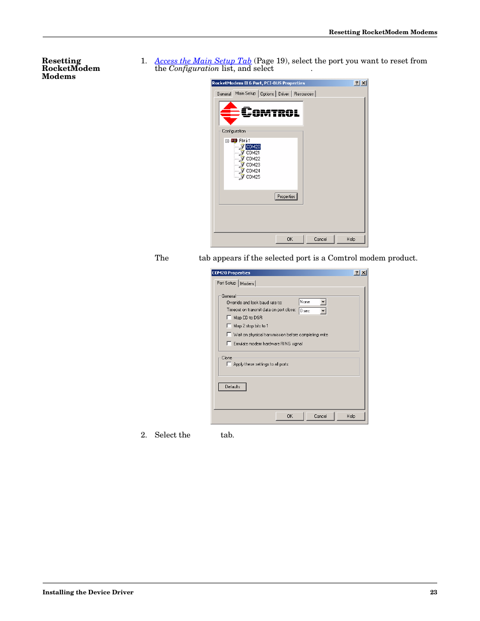 Resetting rocketmodem modems | Comtrol Multiport Modems Windows XP User Manual | Page 23 / 48