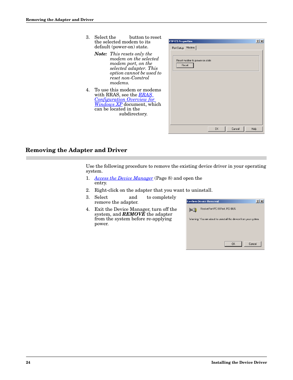 Removing the adapter and driver | Comtrol Multiport Modems Windows XP User Manual | Page 24 / 48