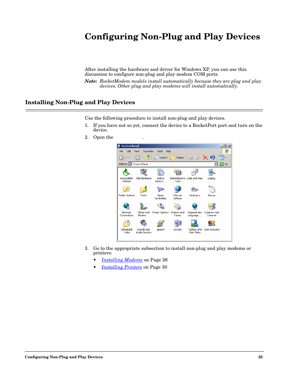 Configuring non-plug and play devices, Installing non-plug and play devices | Comtrol Multiport Modems Windows XP User Manual | Page 25 / 48