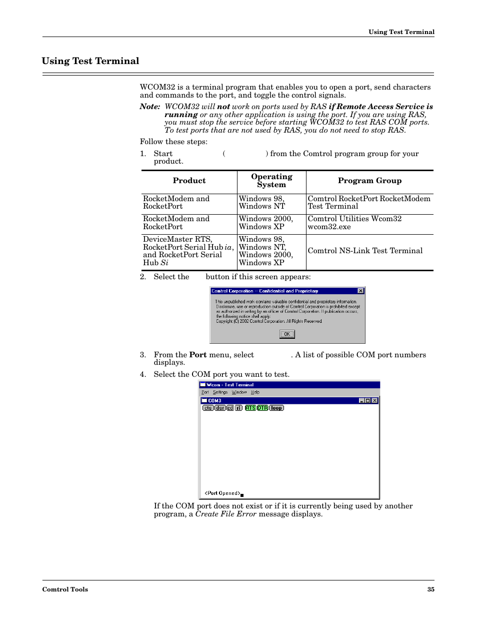 Using test terminal | Comtrol Multiport Modems Windows XP User Manual | Page 35 / 48