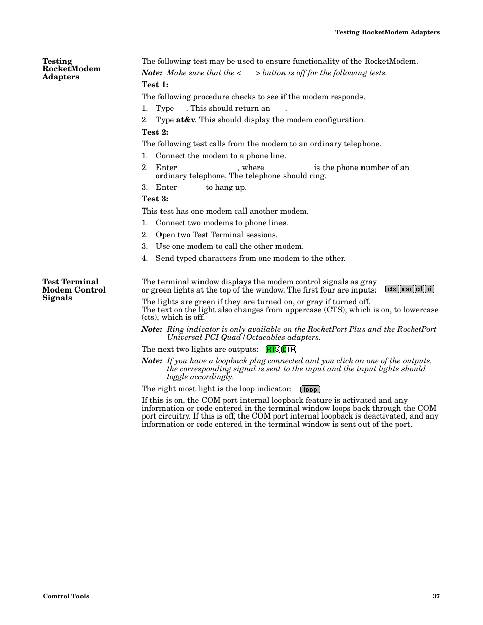 Testing rocketmodem adapters, Test terminal modem control signals | Comtrol Multiport Modems Windows XP User Manual | Page 37 / 48