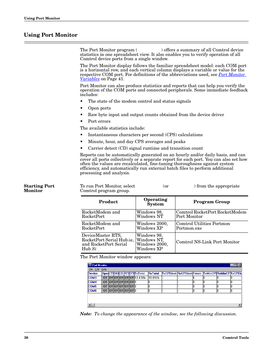 Using port monitor, Starting port monitor | Comtrol Multiport Modems Windows XP User Manual | Page 38 / 48
