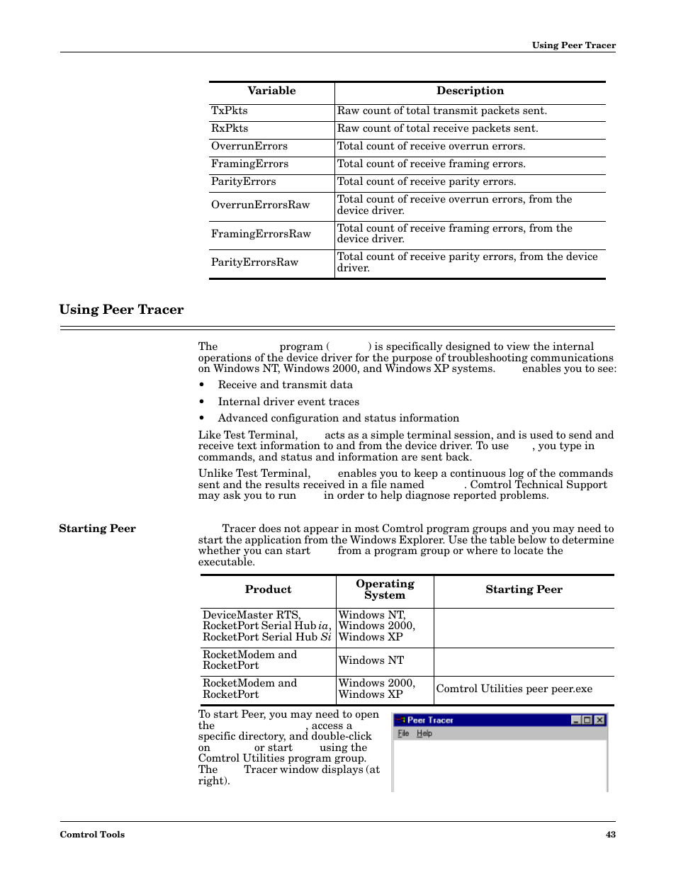 Using peer tracer, Starting peer, Ents | Comtrol Multiport Modems Windows XP User Manual | Page 43 / 48
