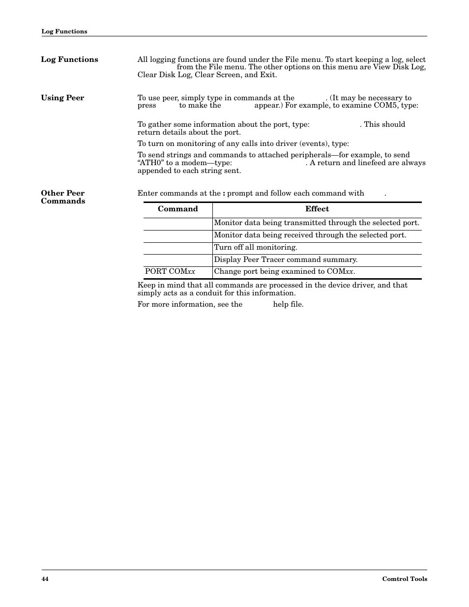 Log functions, Using peer, Other peer commands | Comtrol Multiport Modems Windows XP User Manual | Page 44 / 48