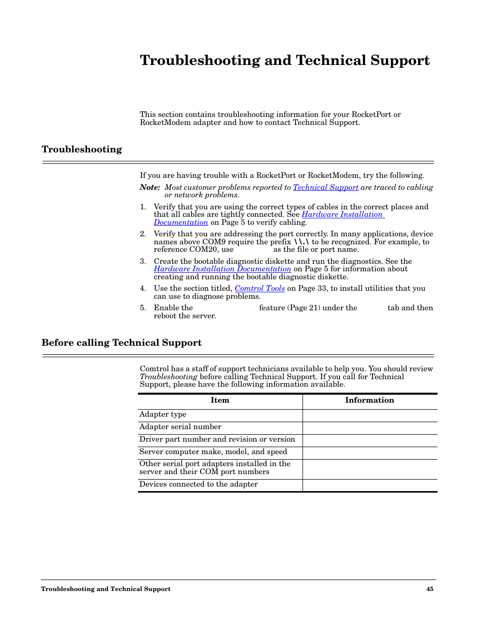 Troubleshooting and technical support, Troubleshooting, Before calling technical support | Troubleshooting before calling technical support | Comtrol Multiport Modems Windows XP User Manual | Page 45 / 48