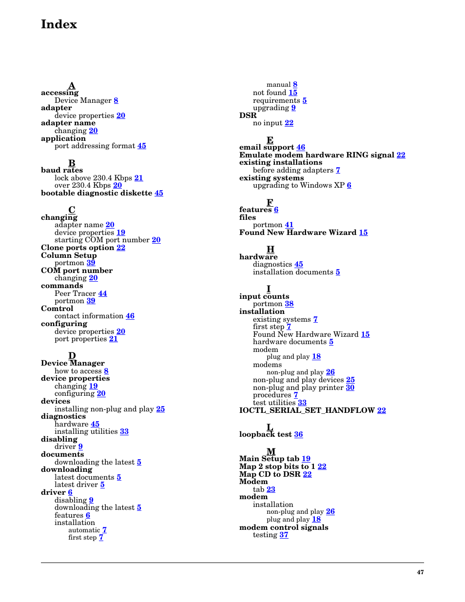 Index | Comtrol Multiport Modems Windows XP User Manual | Page 47 / 48