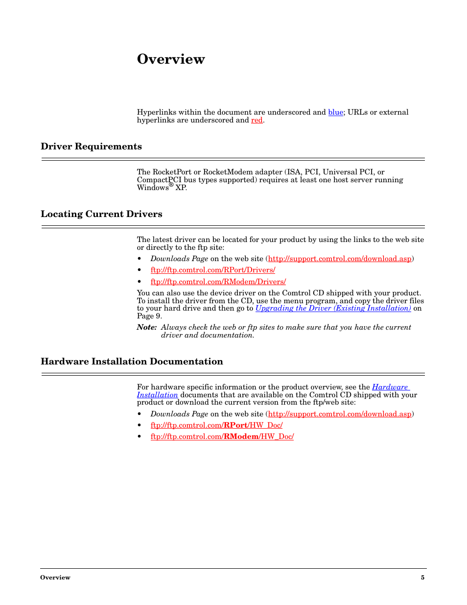 Overview, Driver requirements, Locating current drivers | Hardware installation documentation | Comtrol Multiport Modems Windows XP User Manual | Page 5 / 48