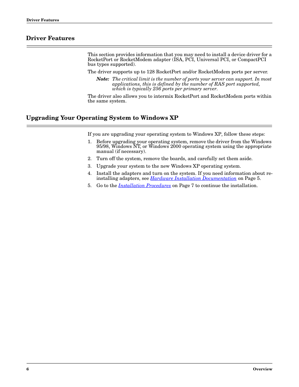 Driver features, Upgrading your operating system to windows xp | Comtrol Multiport Modems Windows XP User Manual | Page 6 / 48