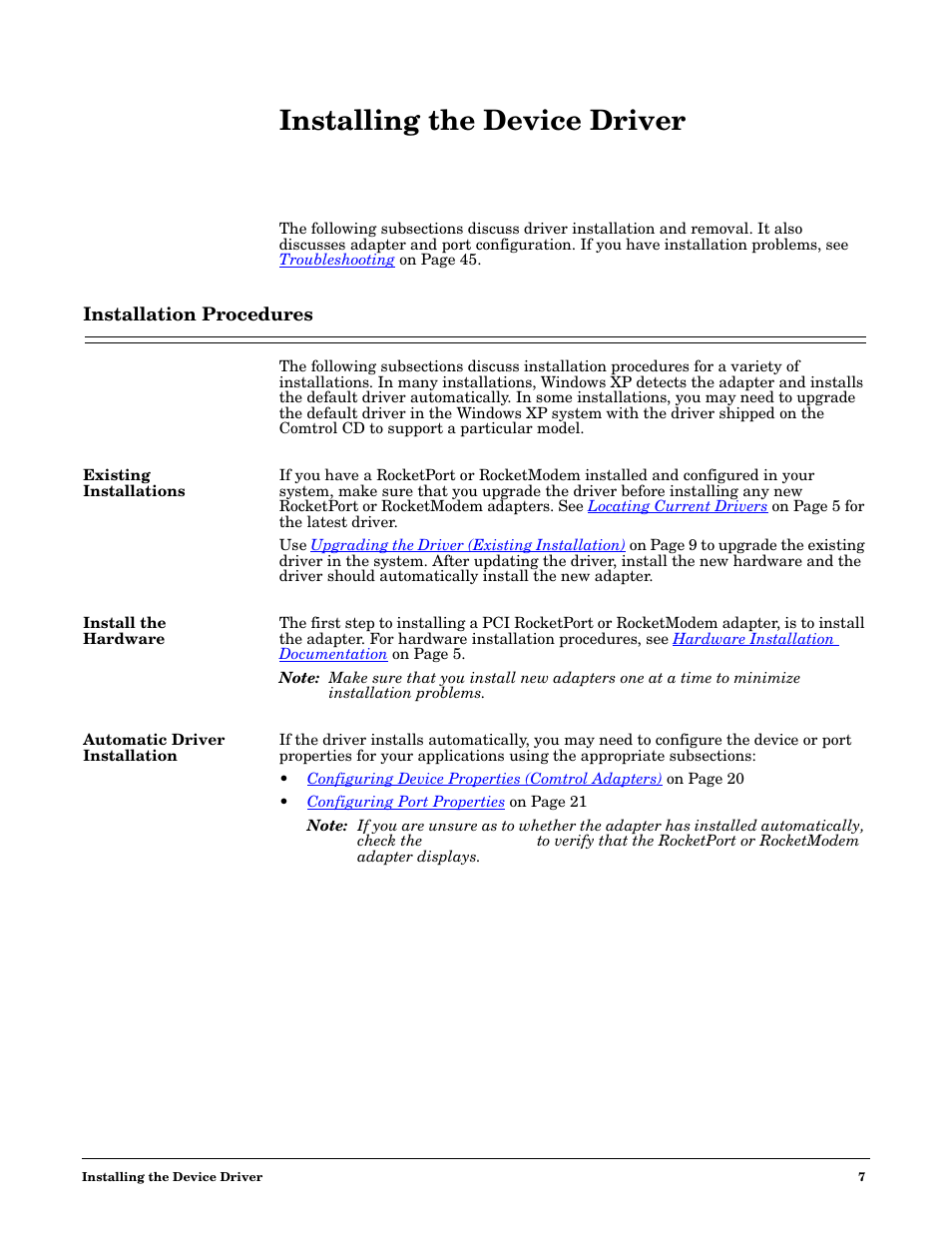 Installing the device driver, Installation procedures, Existing installations | Install the hardware, Automatic driver installation | Comtrol Multiport Modems Windows XP User Manual | Page 7 / 48