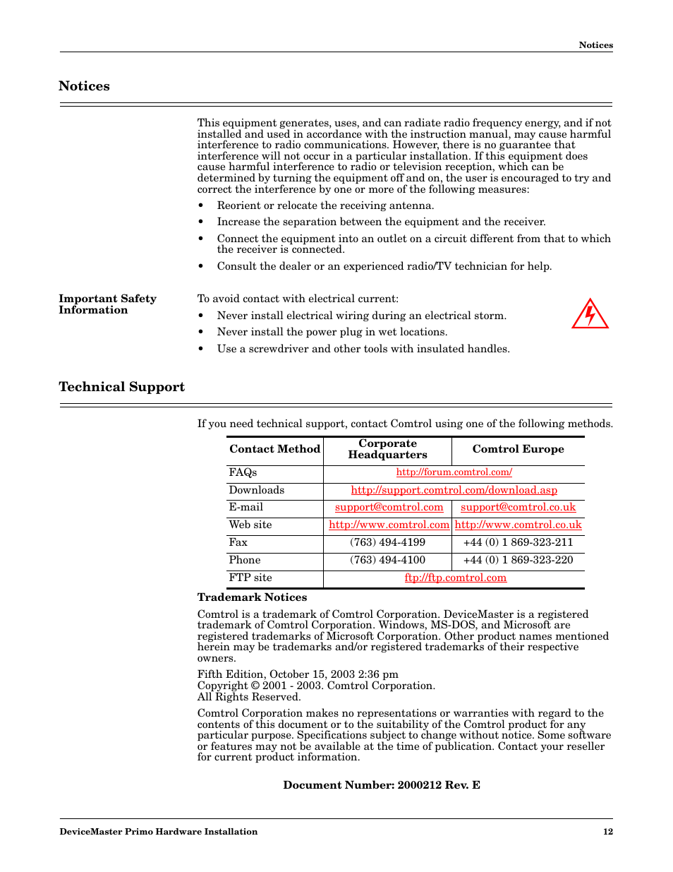 Notices, Important safety information, Technical support | Comtrol DM Primo User Manual | Page 12 / 12