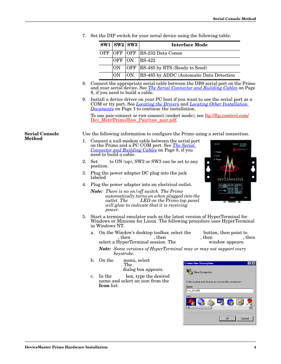 Serial console method, Plug the power adapter into an electrical outlet | Comtrol DM Primo User Manual | Page 4 / 12