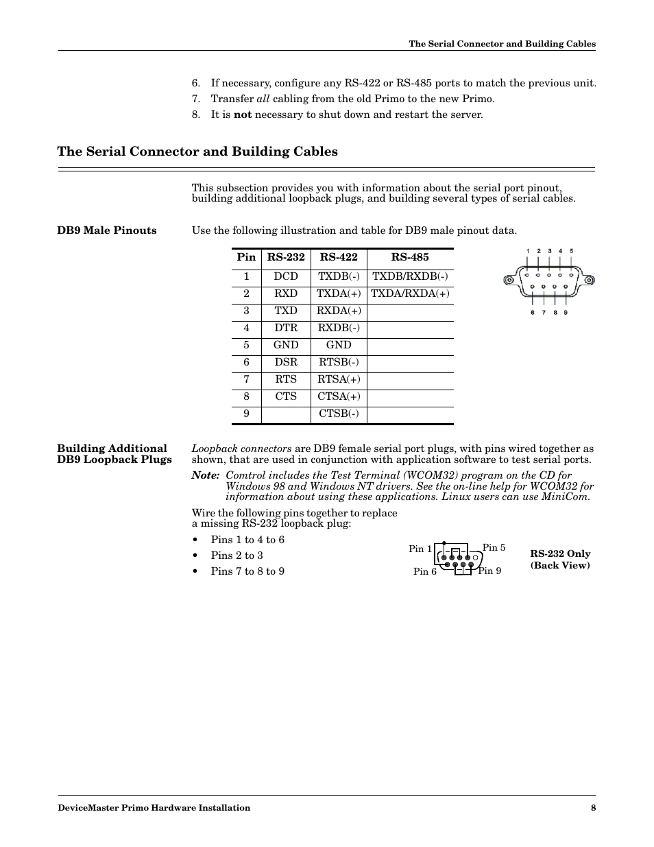 The serial connector and building cables, Db9 male pinouts, Building additional db9 loopback plugs | The serial, Connector and building cables | Comtrol DM Primo User Manual | Page 8 / 12