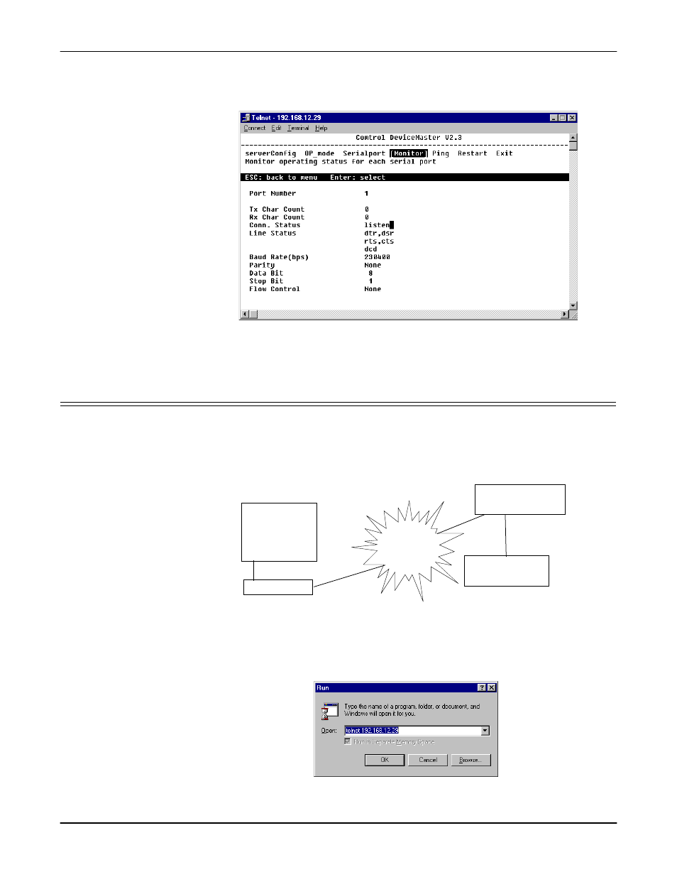 Raw connection mode, Tcp server, From the start menu, select the run command | Comtrol DM Primo for Pair Connect and Raw Connect Methods User Manual | Page 12 / 30