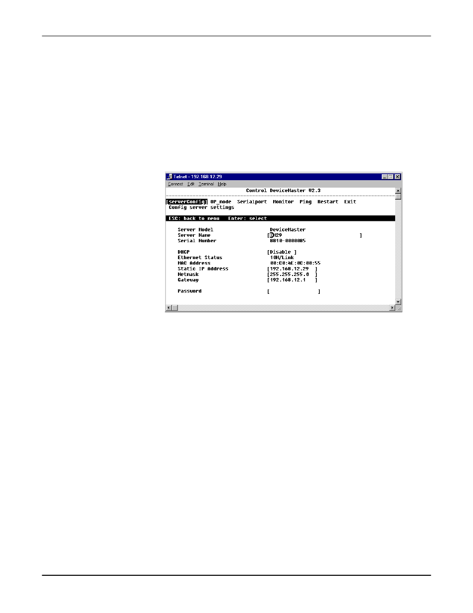 Telnet console menu functions, Serverconfig options, Op_mode | Comtrol DM Primo for Pair Connect and Raw Connect Methods User Manual | Page 27 / 30