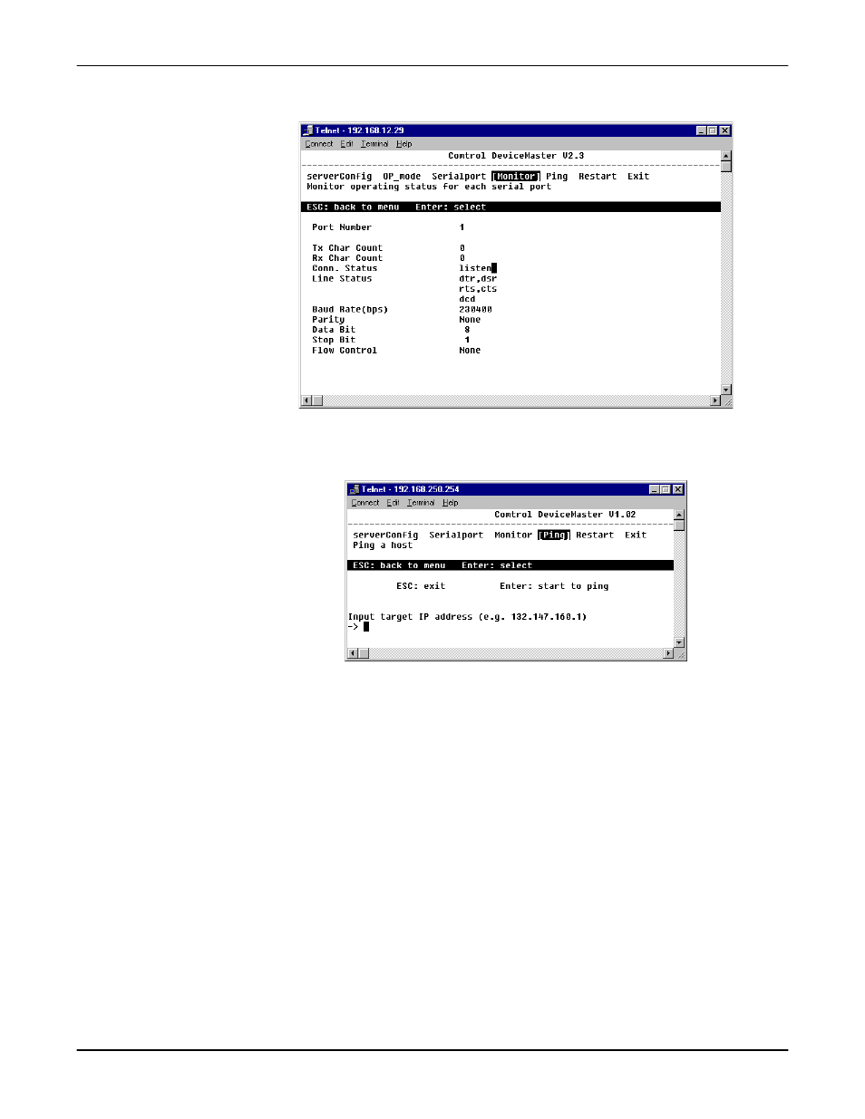 Monitor, Ping, Restart and exit | Monitor ping restart and exit | Comtrol DM Primo for Pair Connect and Raw Connect Methods User Manual | Page 29 / 30