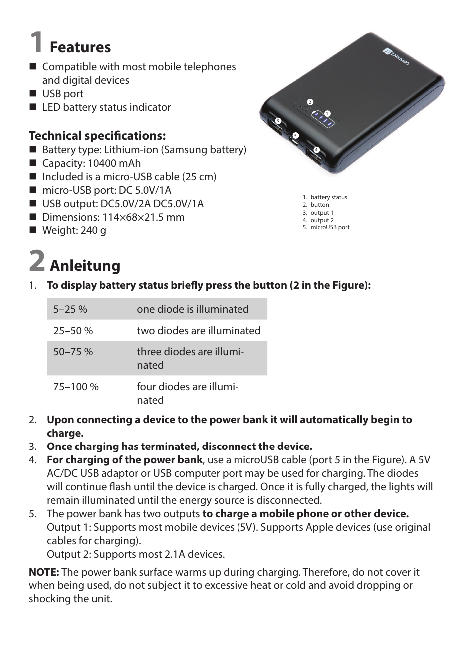 Features, Anleitung | CONNECT IT CI-245 User Manual | Page 2 / 3