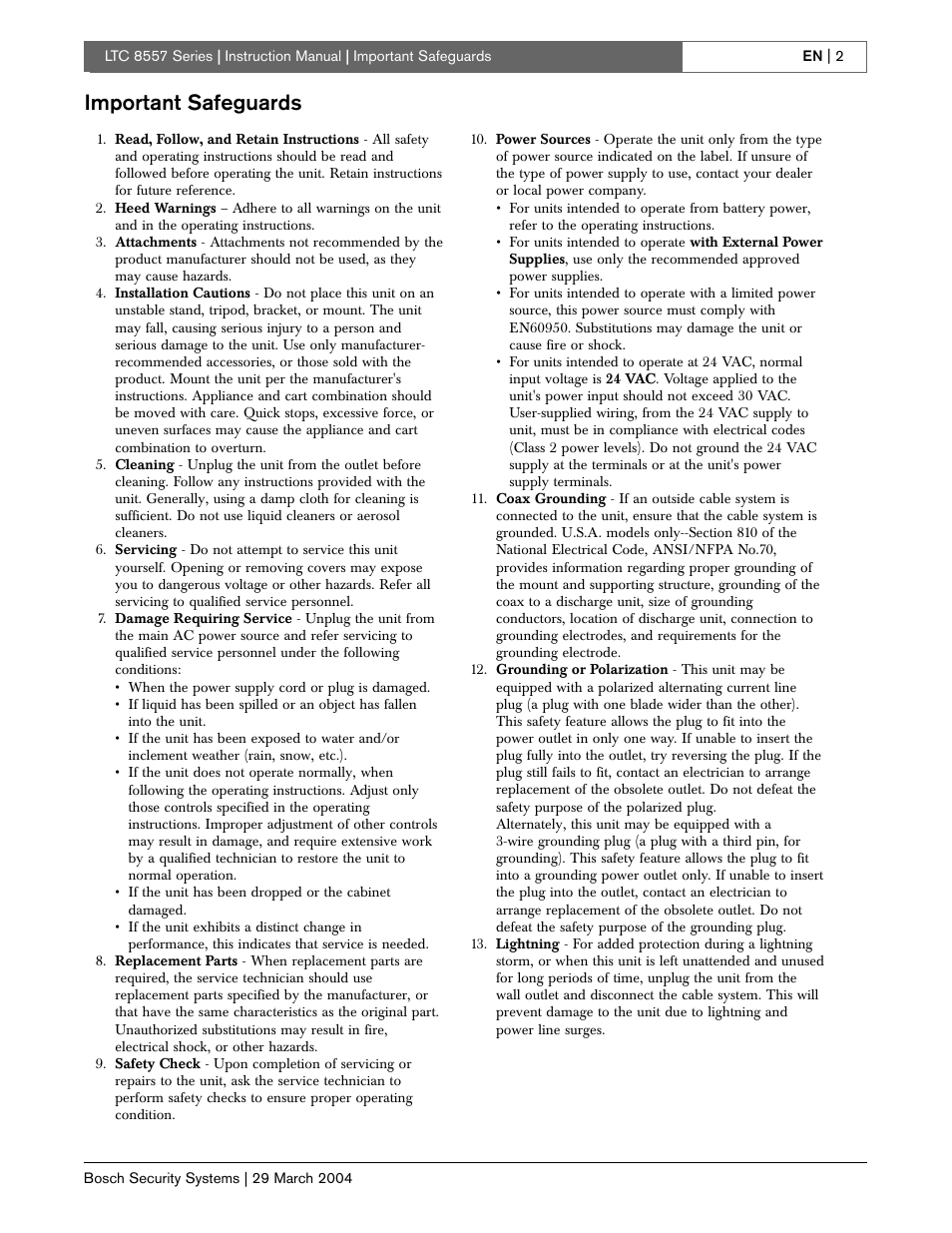 Important safeguards | Bosch LTC 8557 Series User Manual | Page 2 / 8