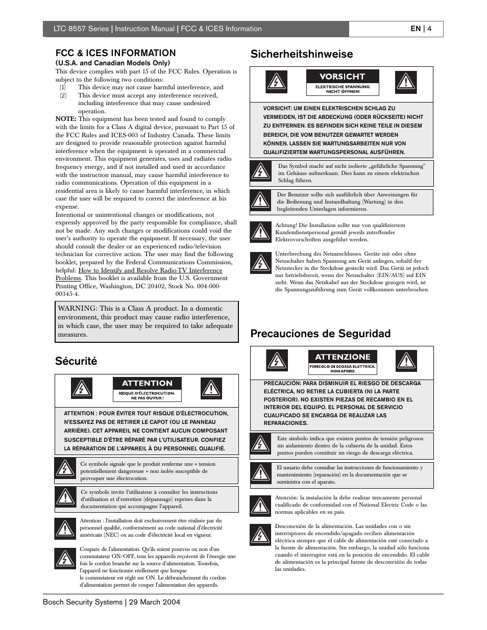 Sécurité, Sicherheitshinweise, Precauciones de seguridad | Fcc & ices information | Bosch LTC 8557 Series User Manual | Page 4 / 8