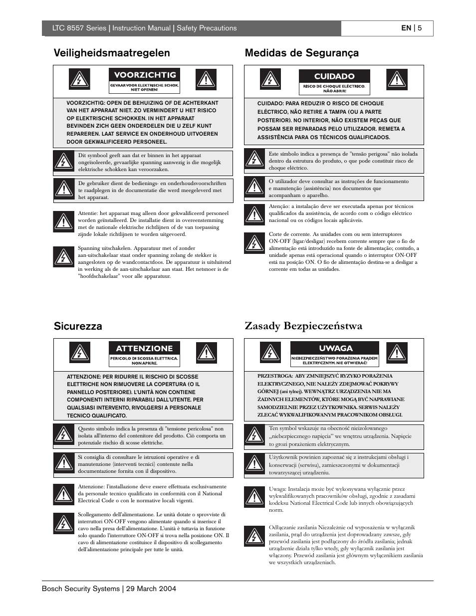 Zasady bezpieczeństwa, Veiligheidsmaatregelen, Sicurezza | Medidas de segurança | Bosch LTC 8557 Series User Manual | Page 5 / 8